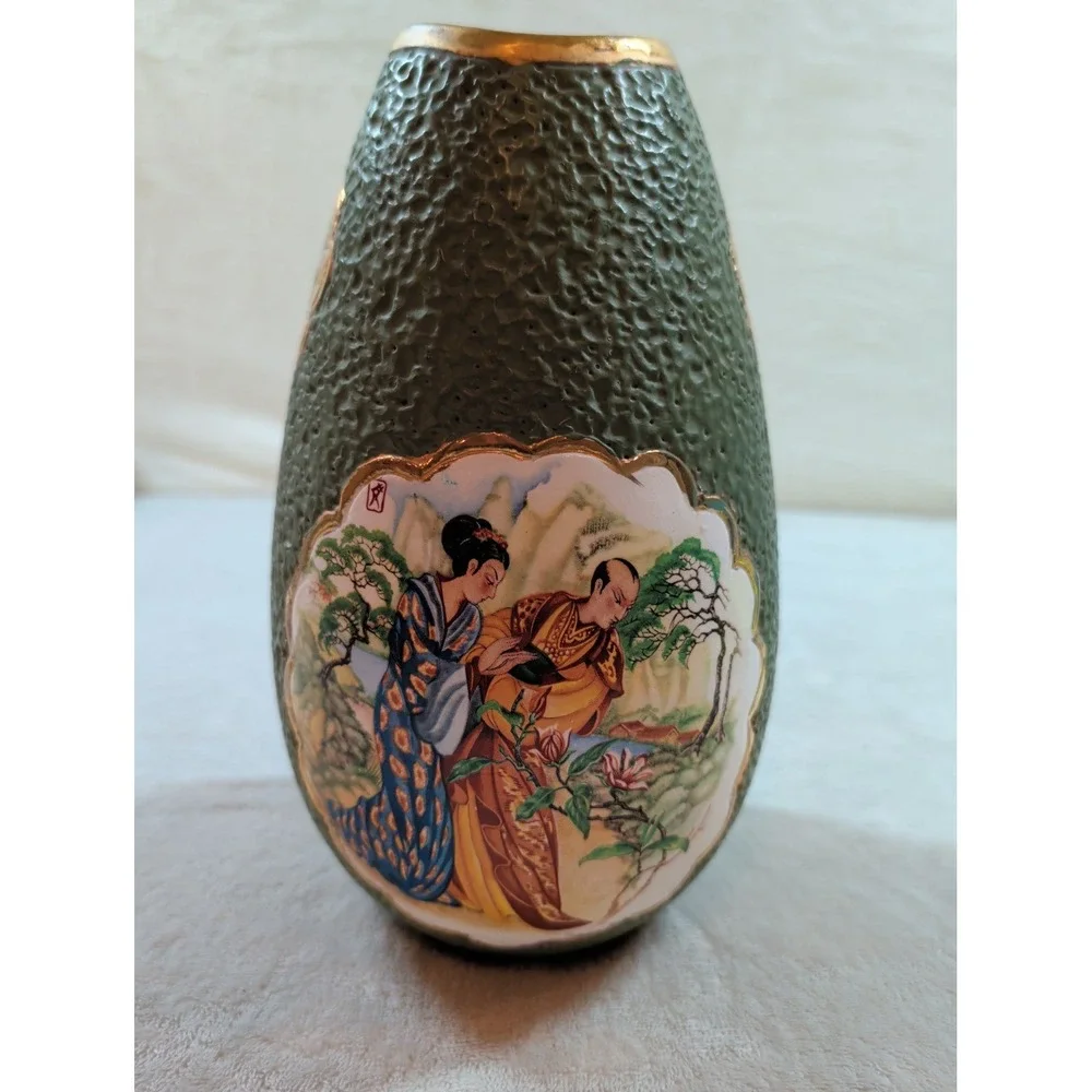 Vintage Japanese Satsuma Style Textured Green Lava Glaze‎ Gilt Porcelain Vase